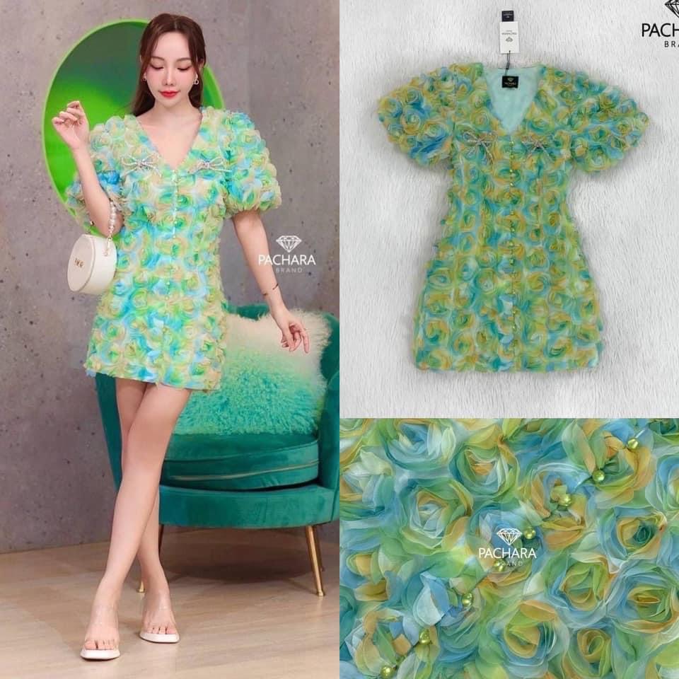 เดรสสั้นคอวีแขนตุ๊กตาสีเขียวพาสเทล ปักดอกกุหลาบ 3D อัดแน่นหลายร้อยดอกทั้งชุด ใส่สบาย สินค้าคุณภาพ (พร้อมส่ง)