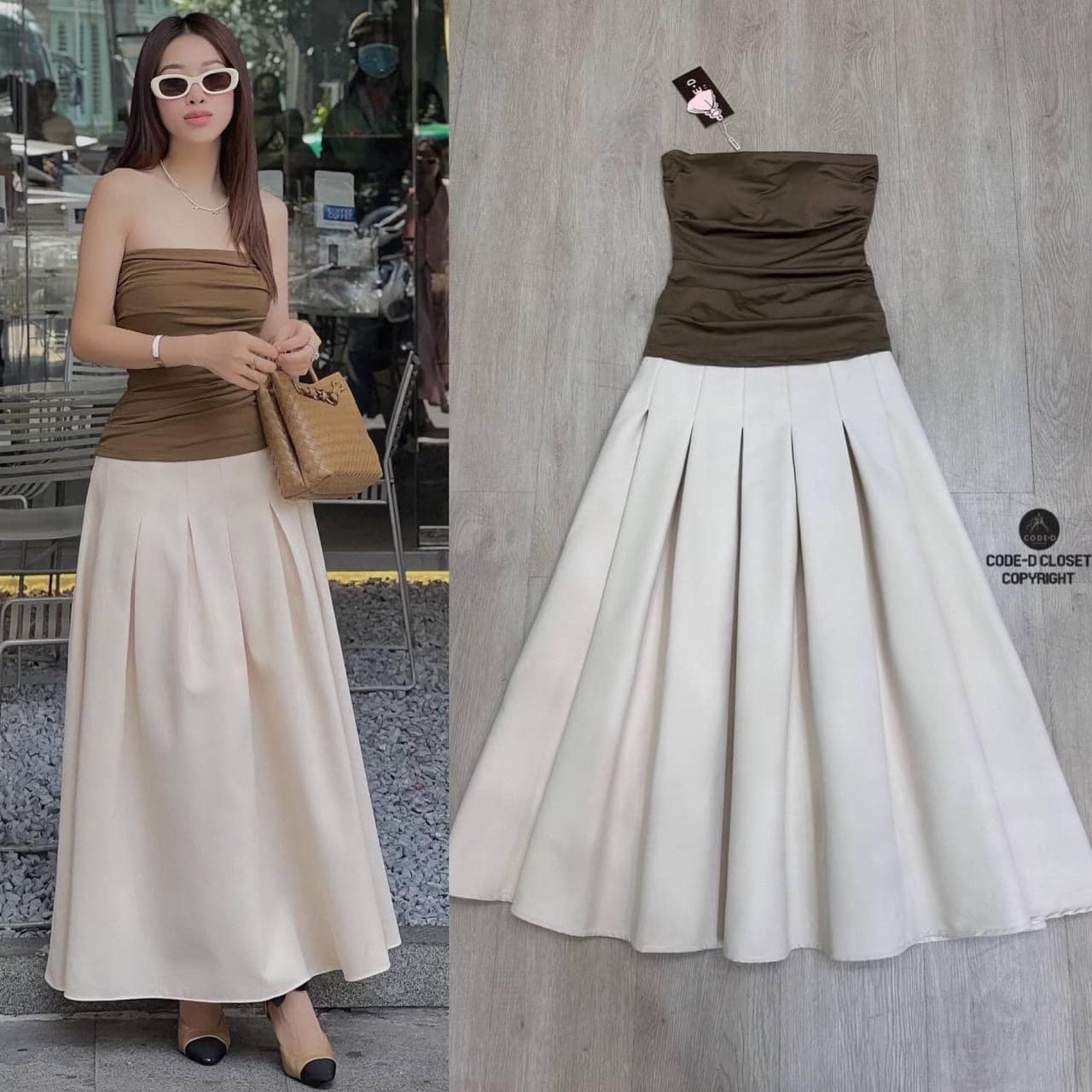 Set 2ชิ้น เสื้อเกาะอกสีน้ำตาลอกเย็บเสริมฟองน้ำ ยืดได้ตามตัว ด้านหลังขอบสม็อคยางยืด +กระโปรงยาวสีครีมทรงย้วยจับจีบคลายๆ งานซิปหลัง เย็บซับในอย่างดี ใส่สบาย สินค้าคุณภาพ (พร้อมส่ง)