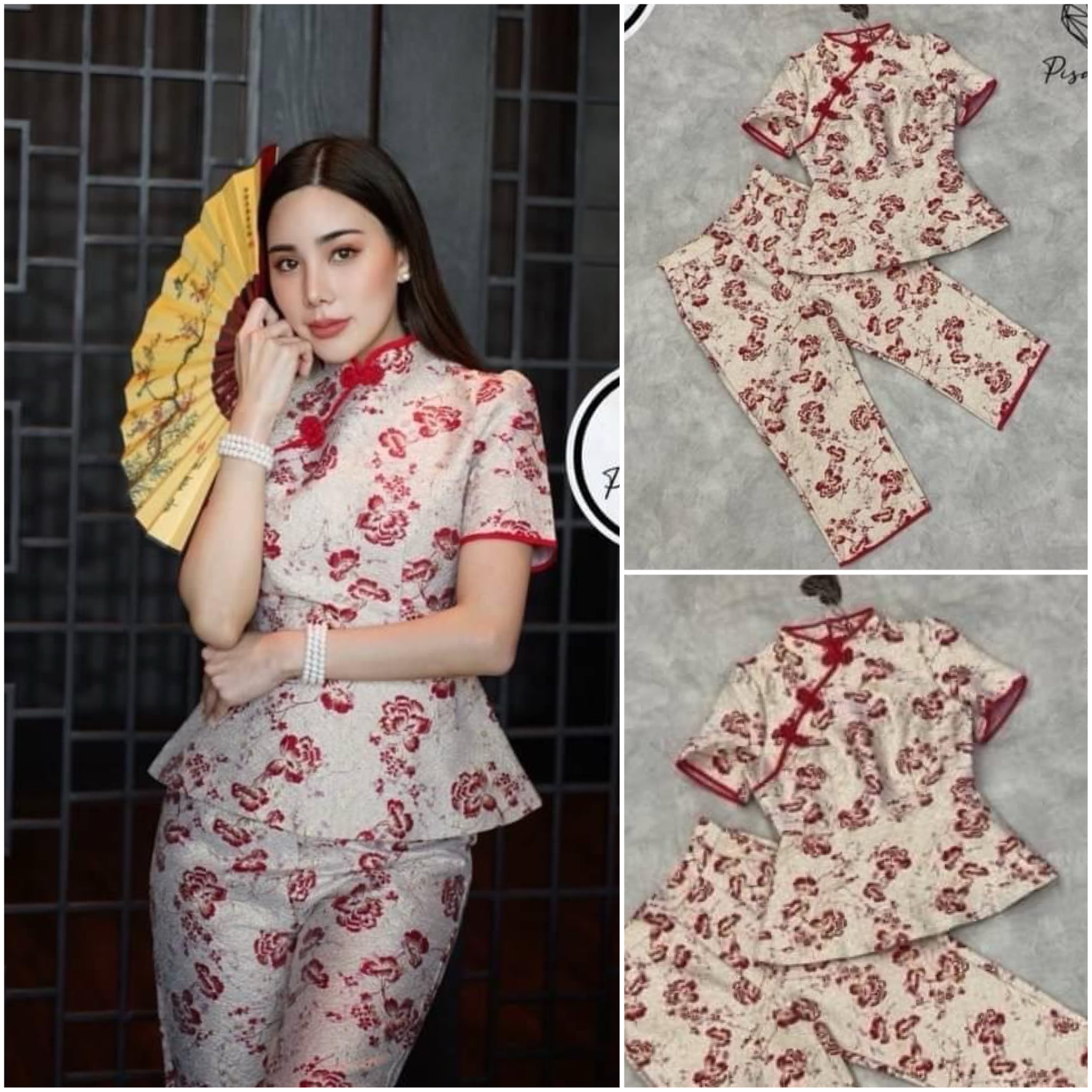 เซ็ตเสื้อคอจีนงานผ้าทอสีชมพู ทรงผ่าหน้า มาคู่กับกางเกงขายาว5ส่วน สินค้าคุณภาพ (พร้อมส่ง)