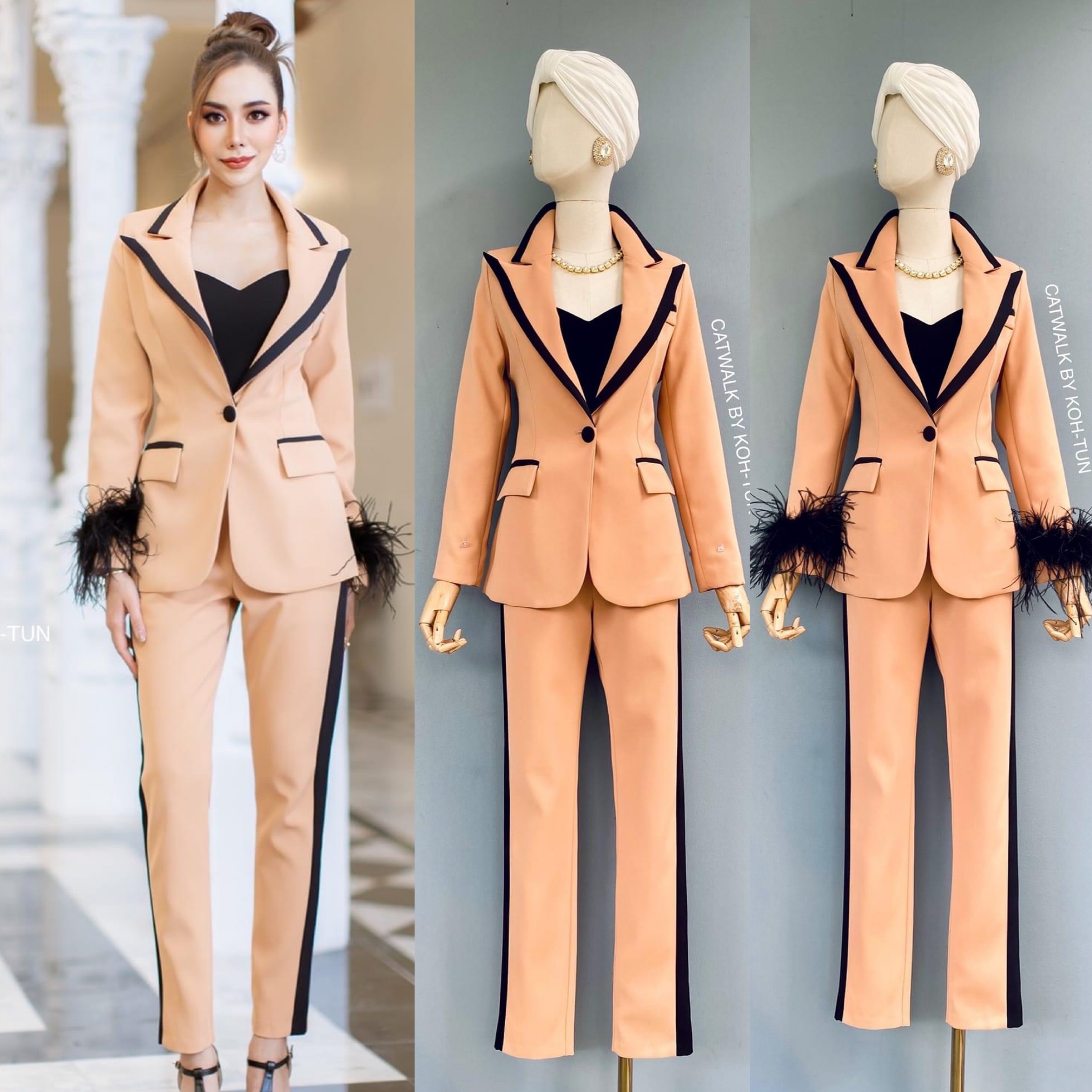 เซตBLAZERทูโทนแต่งขนนกแขน (ถอนได้)เนื้อผ้าเกรดเอ เนื้อนุ่มทิ้งตัว ตัวBLAZERเป็นทรงเข้ารูป แต่งขอบปกและขอบกระเป๋า คู่กับกางเกงเอวสูงขายาว ทรงขากระบอกเล็ก สินค้าคุณภาพ (พร้อมส่ง)