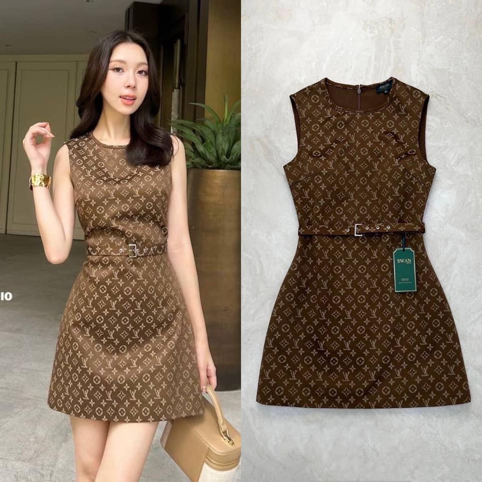 มินิเดรสแขนกุดผ้าทอลายโทนสีน้ำตาล มากับเข็มขัดคาดเอว เนื้อผ้าอย่างดี ลุคเรียบๆ ใส่สบาย : สินค้าคุณภาพ (พร้อมส่ง)