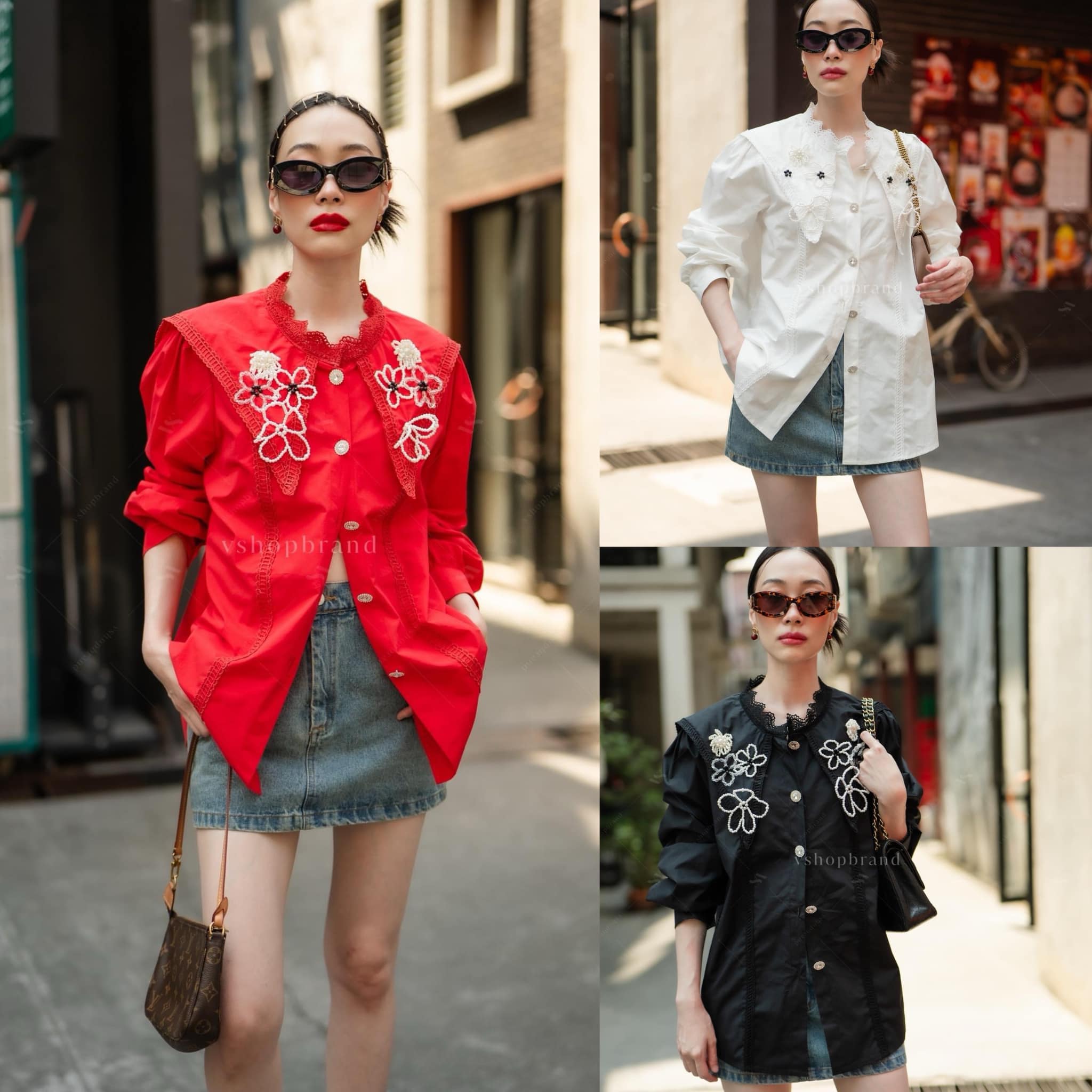 เสื้อเชิ้ตปกแหลมกุ้นลูกไม้ แต่งดอกไม้ไข่มุก ทรงสวย ใส่สบาย : สินค้าคุณภาพ (พร้อมส่ง)