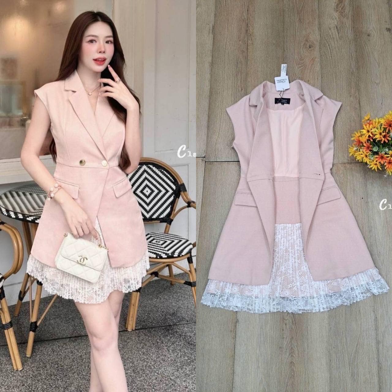 เดรสสูทกระโปรงสั้น คอปก แขนล้ำ กระดุมหน้า 2 เม็ดสีทอง เนื้อผ้ามี Texture ในตัว ชายกระโปรงตกแต่งด้วยผ้าลูกไม้อย่างดี ใส่สบาย : สินค้าคุณภาพ (พร้อมส่ง)