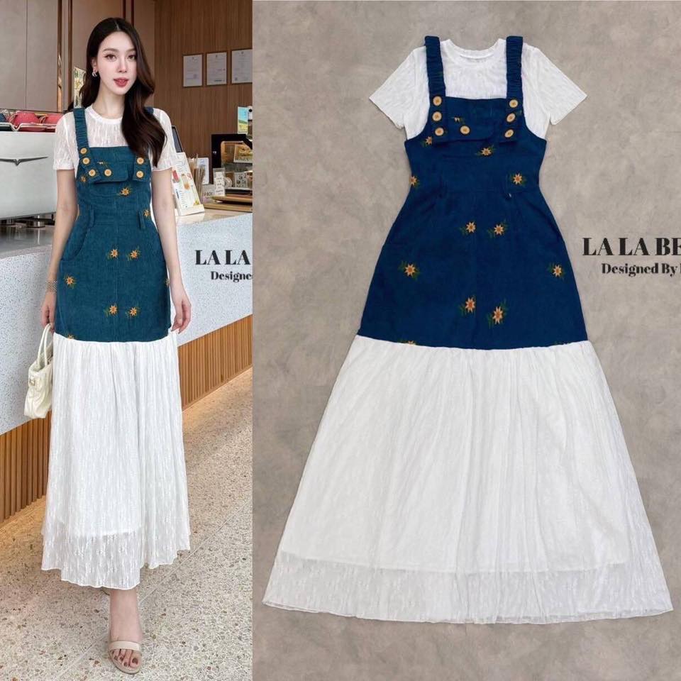 Set2ตัว เอี้ยมเป็นผ้าลูกฟูกปักลายดอกไม้สายปรับได้เอวเข้ารูปเอี้ยมมีกระเป๋ากระโปรง2ข้างชายแต่งระบายลูกไม้ยาวมีซับในยาวถึงปลายกระโปรง+เสื้อลูกไม้คอกลมแขนสั้นใส่เข้าชุด ใส่สบาย : สินค้าคุณภาพ (พร้อมส่ง)