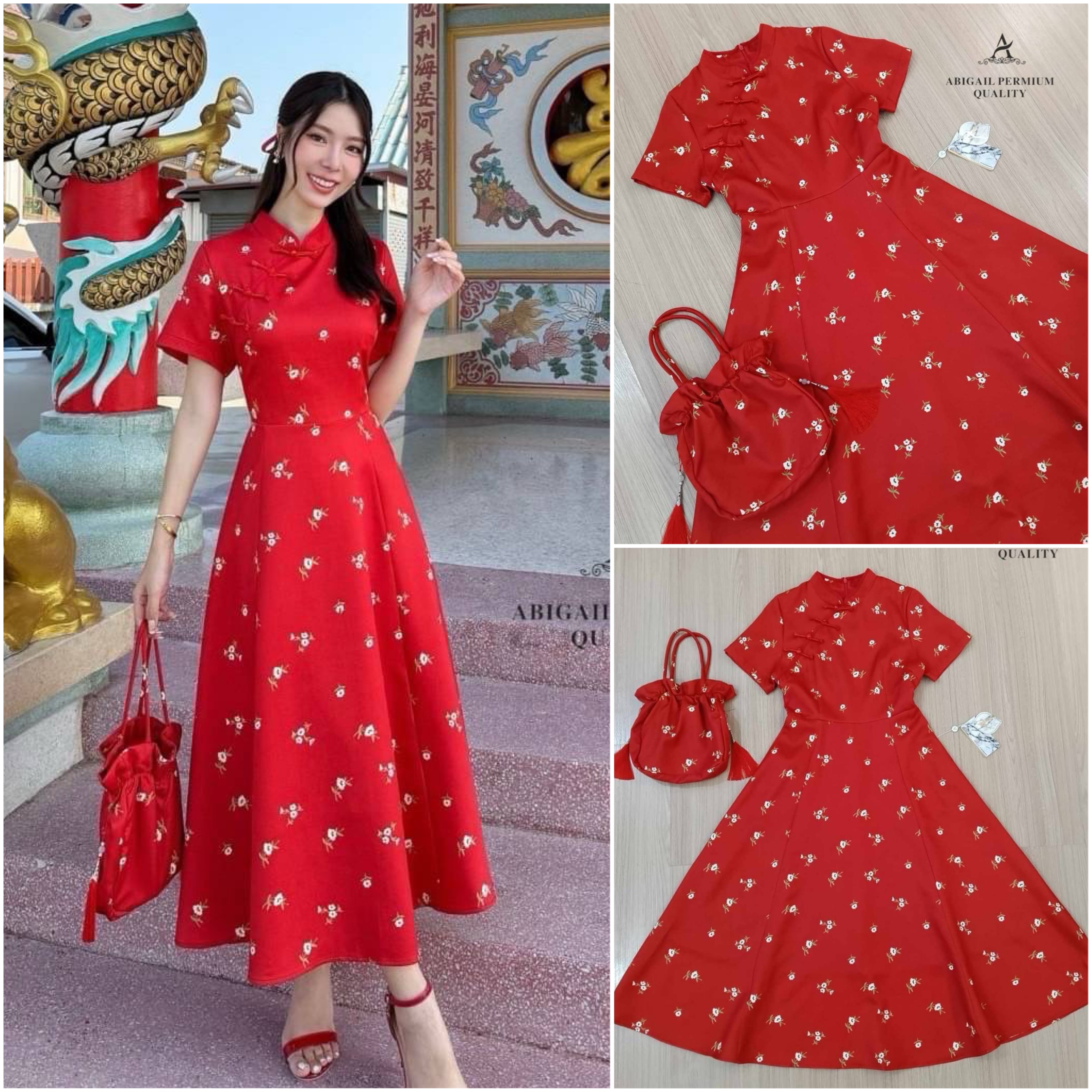 เซต2ขิ้น กี่เพ้าแขนสั้นพิมพ์ลายดอกไม้อกแต่ง กระดุมเรียงยาว เนื้อผ้าพรีเมียมมีน้ำหนัก ทิ้งตัว สวย พร้อมกระเป๋าหิ้ว1ใบใส่รับอั่งเปา ใส่สบาย : สินค้าคุณภาพ (พร้อมส่ง)