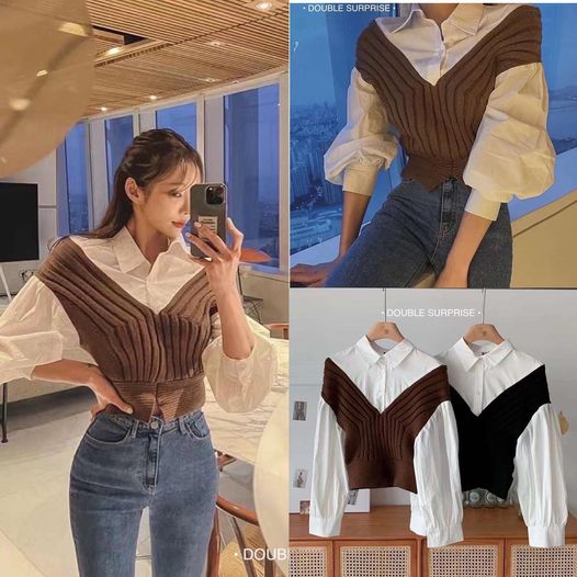 เสื้อแขนยาวคอเชิ้ต ช่วงคอและแขน ช่วงตัวต่อผ้าไหมพรมทอลายสวยเนื้อนุ่ม เข้ารูป ยืดตามตัว : สินค้าคุณภาพ (พร้อมส่ง)