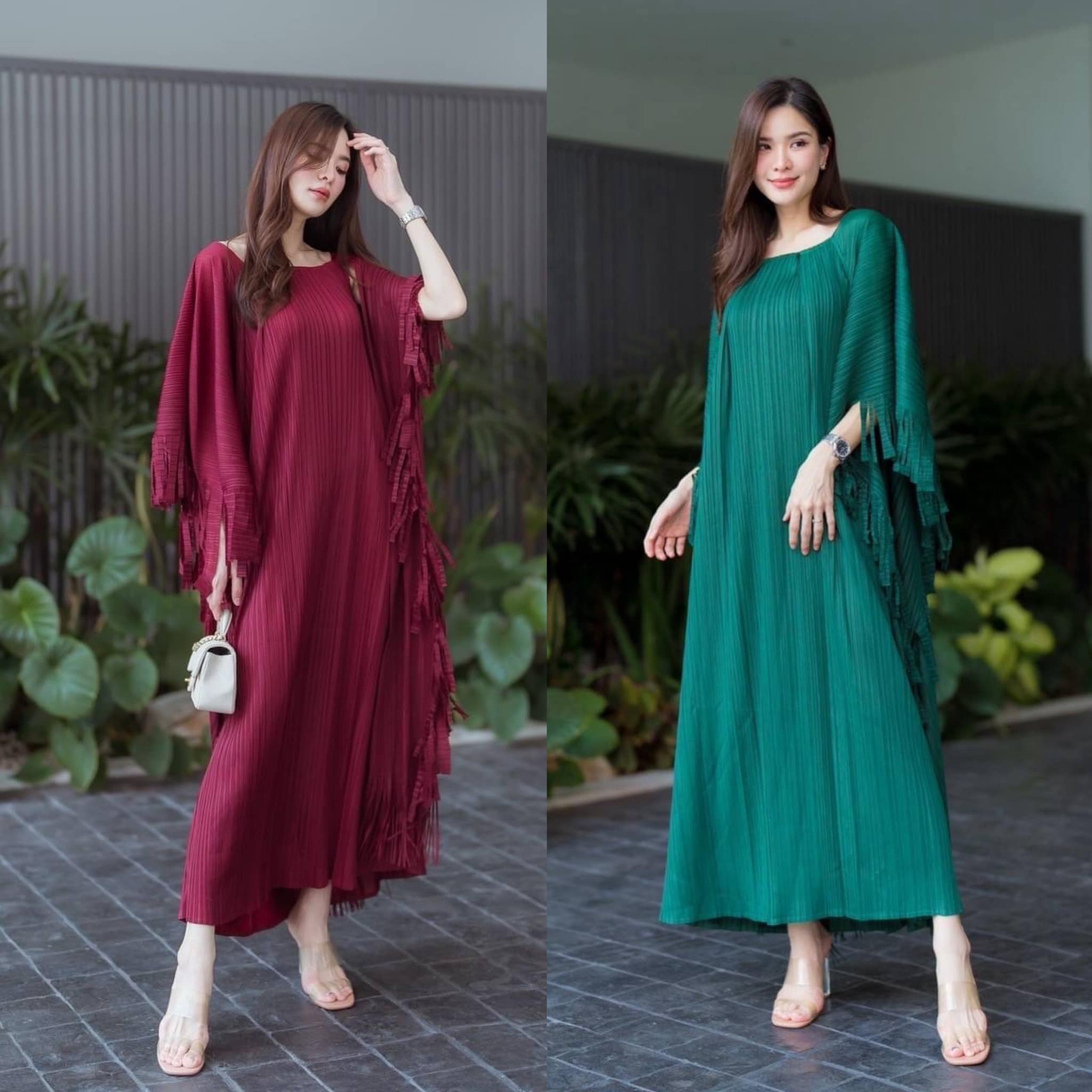 เดรสอัดพลีท คอเหลี่ยม แพตเทิร์น ผีเสื้อตัวยาว เย็บแขนซ้อน กรุยกรายแยกด้วยผ้าผืนใหญ่ ดีเทลแต่งปลายตัดให้ดูฟรุ๊งฟริ๊ง ใส่สบาย สินค้าคุณภาพ (พร้อมส่ง)