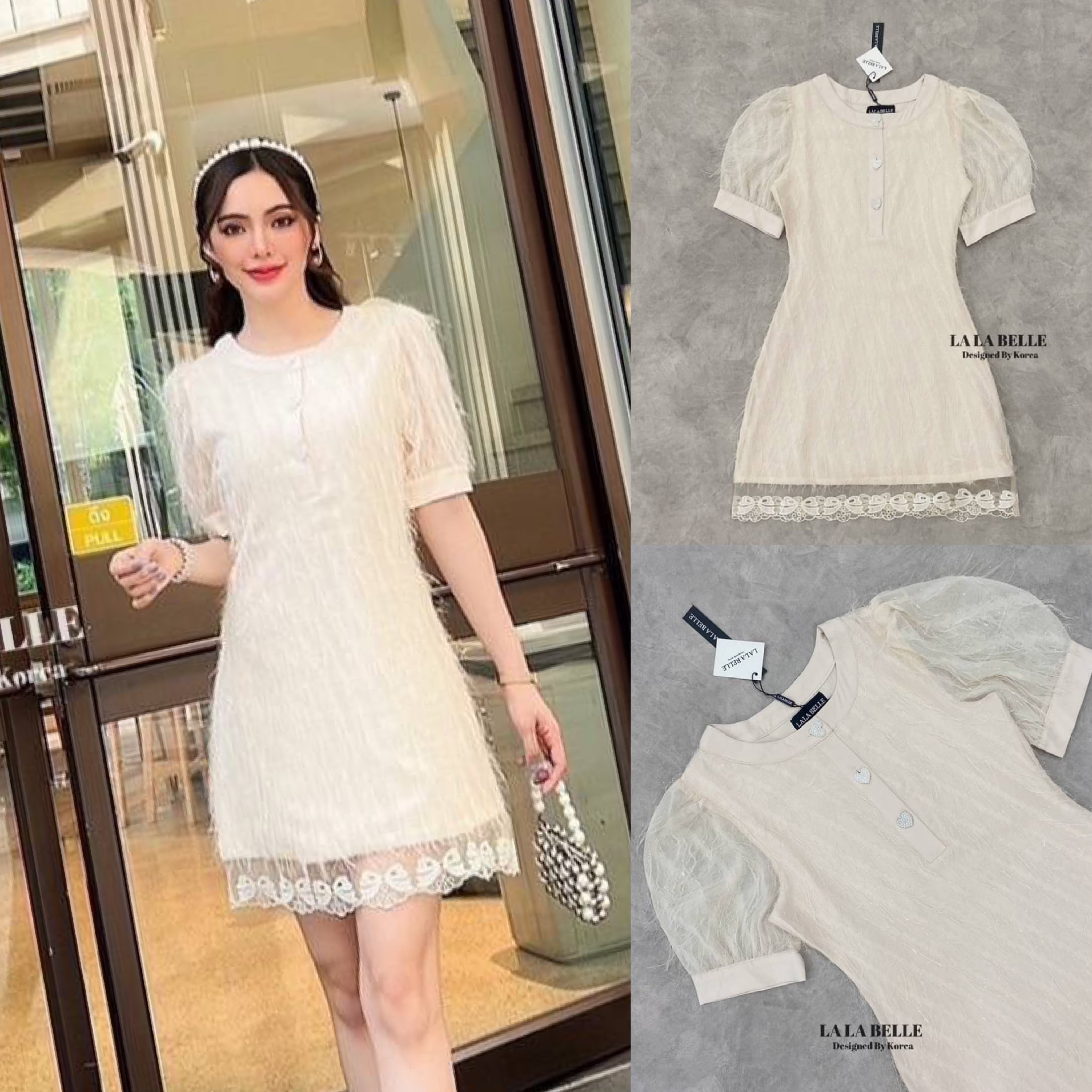 เดรสผ้าขนๆวิ้งๆคอกลมกระดุมหน้าแขนตุ๊กตาเอวเข้าทรง กระโปรงทรงสอบๆชายกระโปรงแต่งลูกไม้ลายโบว์มาพร้อมซิปข้างใส่ง่าย ใส่สบาย สินค้าคุณภาพ (พร้อมส่ง)