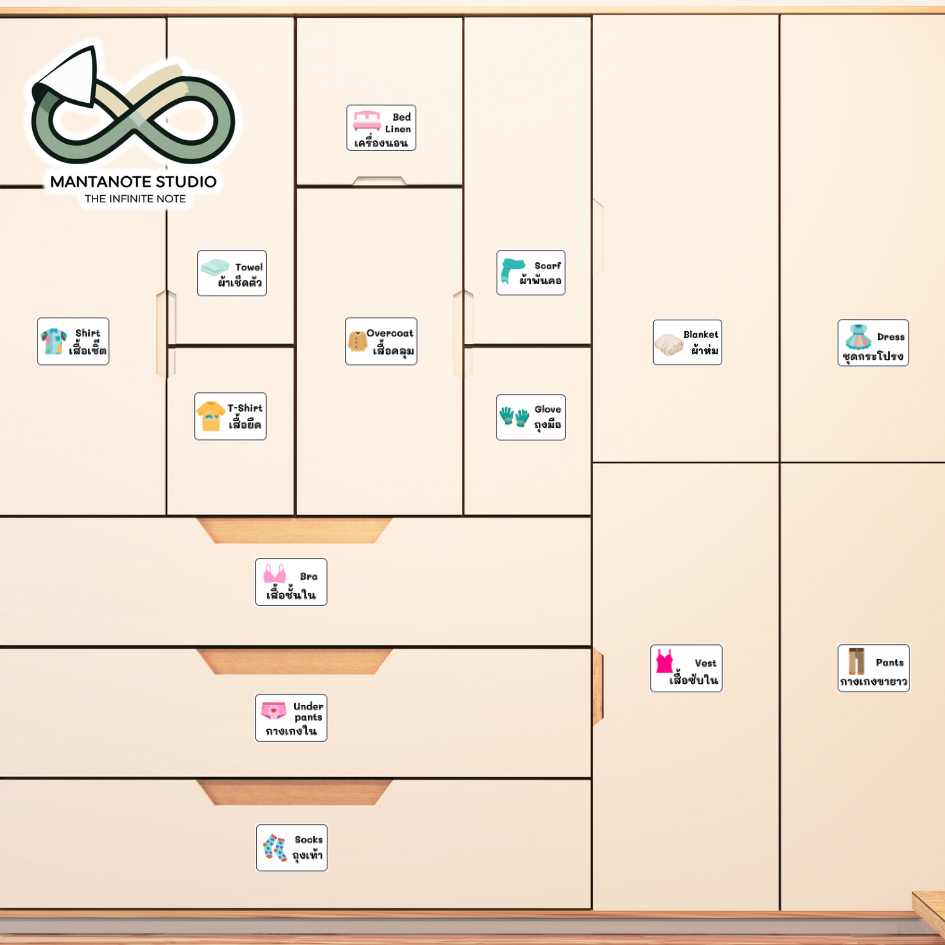 สติ๊กเกอร์ตู้เสื้อผ้า (Wardrobe) ลายการ์ตูนน่ารัก 2 ภาษา กันน้ำ!