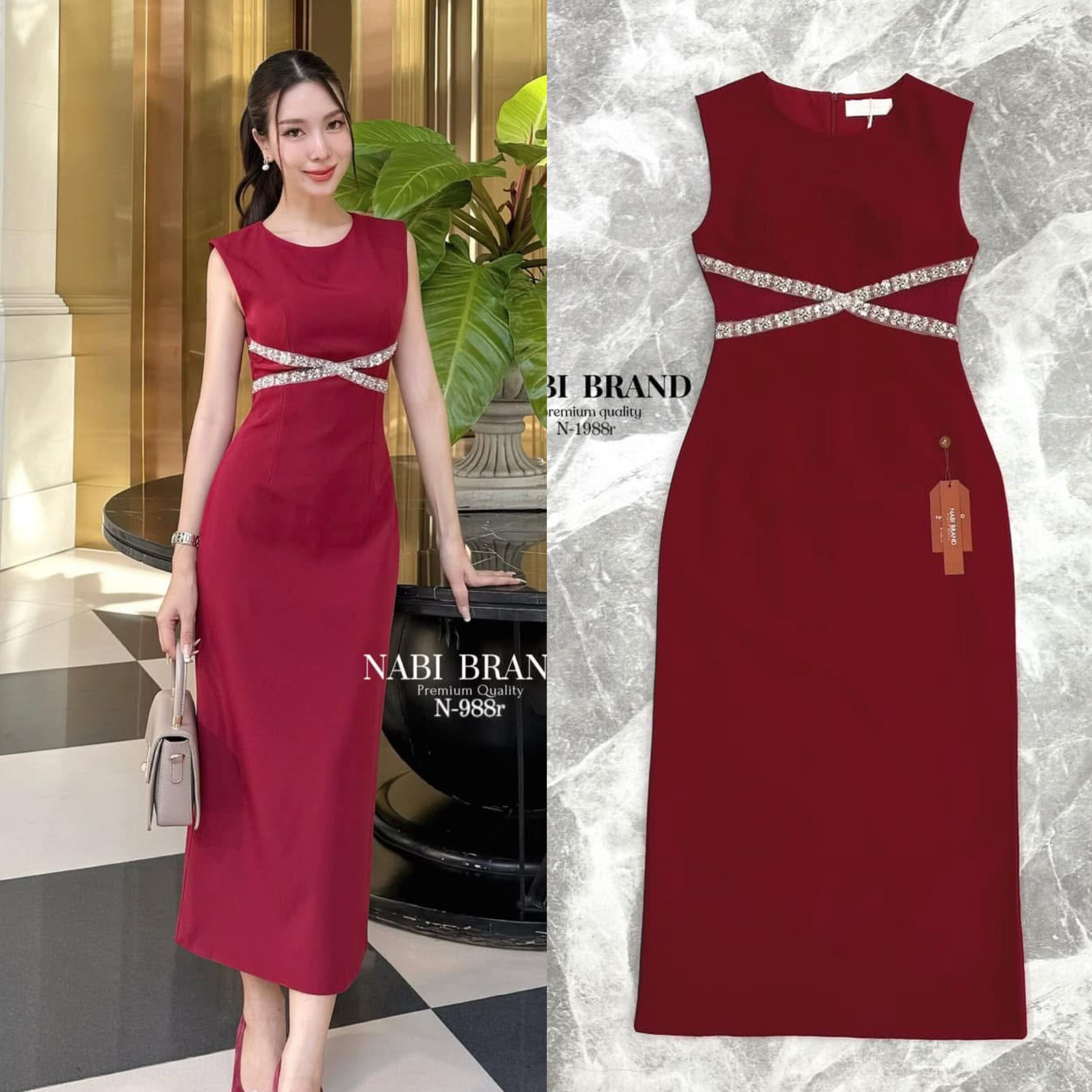 เดรสยาวแขนกุดสีแดงไวน์ หรูหรารับเทศกาลแดงฉ่ำ แต่งซีทรู และเพชรไขว้ที่เอว เดรสผ่าหลัง ใส่สบาย : สินค้าคุณภาพ (พร้อมส่ง)