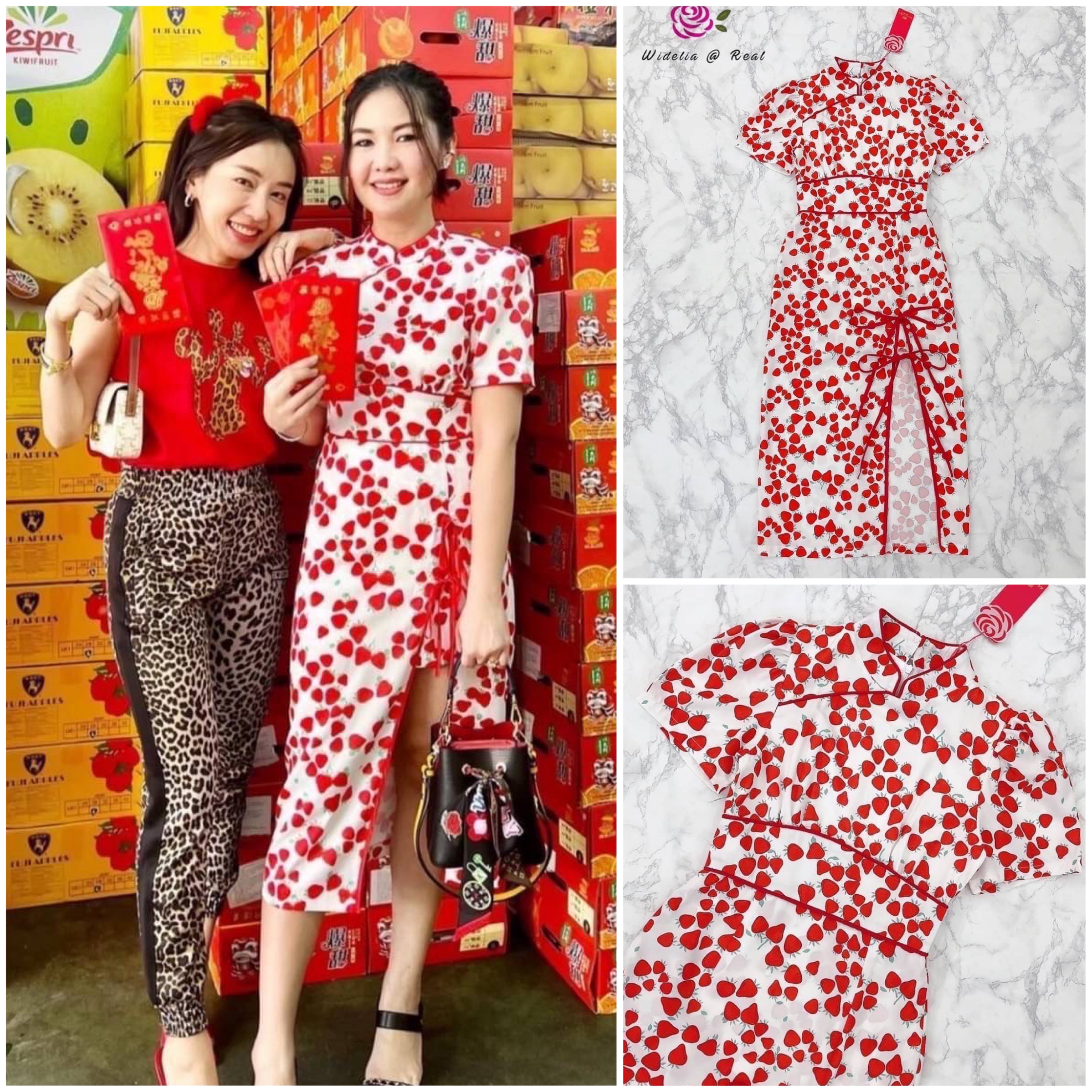 Dress เดรสกี่เพ้าแสนสวย ตัวเดรสแขนสั้น กุ๊นขอบแดงอย่างดี ชายเดรสผ่าข้างพร้อมผูกโบว์ ใส่สบาย สินค้าคุณภาพ (พร้อมส่ง)