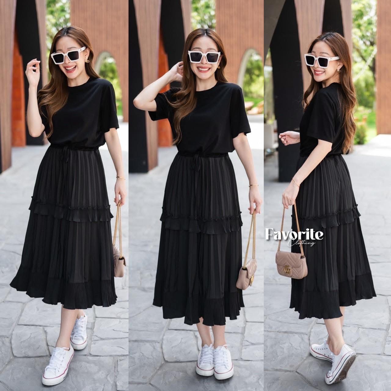 เดรสผ้ายืดชายพลีท ใส่สบาย : สินค้าคุณภาพ (พร้อมส่ง)