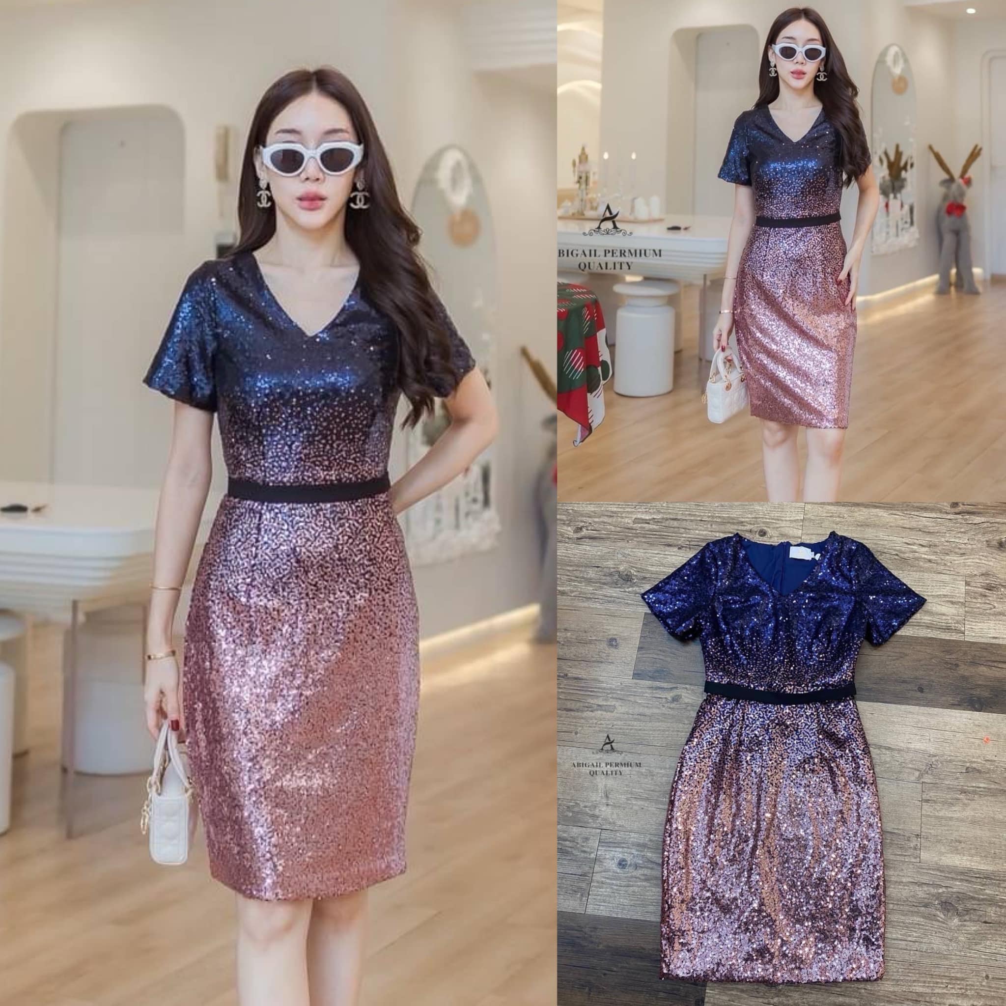 เดรสคอวีแขนสั้นตัวเดรสปักเกล็ดทูโทน แต่งคาดเอวสีดำ ใส่สบาย สินค้าคุณภาพ (พร้อมส่ง)