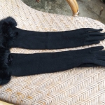 ถุงมือผ้าขนสัตว์แบบยาว แต่งเฟอร์กระต่ายแท้ (ของใหม่)