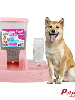 เครื่องให้อาหารและน้ำสัตว์เลี้ยง สำหรับสุนัขและแมว อัตโนมัติ Petsuka สีชมพู