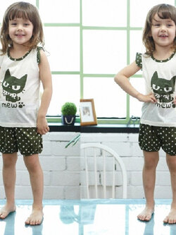 ชุดเสื้อแขนกุดมีระบาย+กางเกงขาสั้นเด็ก ลายแมวน้อยสีดำ size 90 110 120