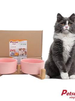 ชามเซรามิคสัตว์เลี้ยง Petsuka พร้อมฐานรองสไตล์ญี่ปุ่น สำหรับสุนัขและแมว สีชมพู แบบคู่ 850 ml