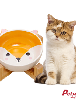 ชามเซรามิกสัตว์เลี้ยง Petsuka พร้อมฐานรองสไตล์ญี่ปุ่น สำหรับสุนัขและแมว รูปสุนัขจิ้งจอก