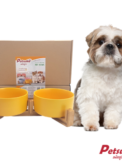 ชามเซรามิคสัตว์เลี้ยง Petsuka พร้อมฐานรองสไตล์ญี่ปุ่น สำหรับสุนัขและแมว สีเหลือง แบบคู่ 850 ml