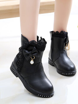 รองเท้าบูทเด็ก รองเท้าบู๊ทข้อสั้นเด็กหญิงสีดำ รองเท้าดรัมเมเยอร์เด็ก ซิปข้าง ประดับโบว์มุข Size 27-37