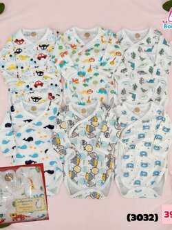 (3032) ARI-LA02-6 บอดี้สูทแบบป้ายแขนยาว คละลาย (แรกเกิด-6เดือน) แพ็ค 6 ชุด