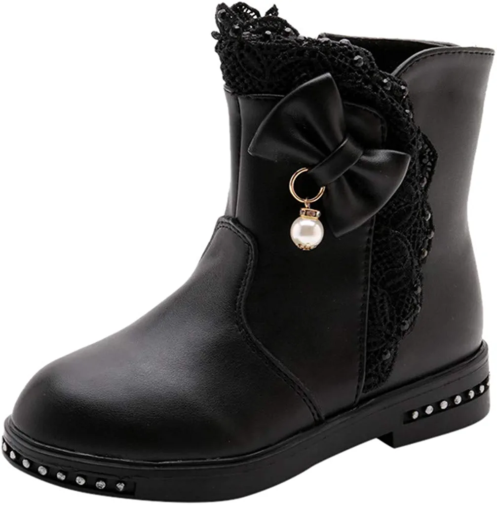 รองเท้าบูทเด็ก รองเท้าบู๊ทข้อสั้นเด็กหญิงสีดำ รองเท้าดรัมเมเยอร์เด็ก ซิปข้าง ประดับโบว์มุข Size 27-37