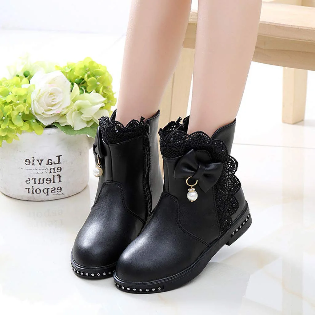 รองเท้าบูทเด็ก รองเท้าบู๊ทข้อสั้นเด็กหญิงสีดำ รองเท้าดรัมเมเยอร์เด็ก ซิปข้าง ประดับโบว์มุข Size 27-37